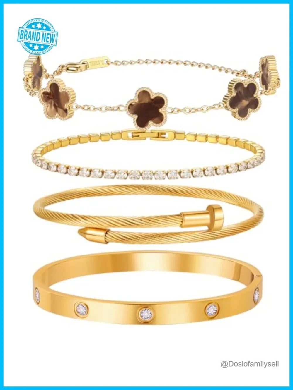 4 Piece Gold Plated Stackable Bangle Bracelet Set Floral Clover Chain Tennis
